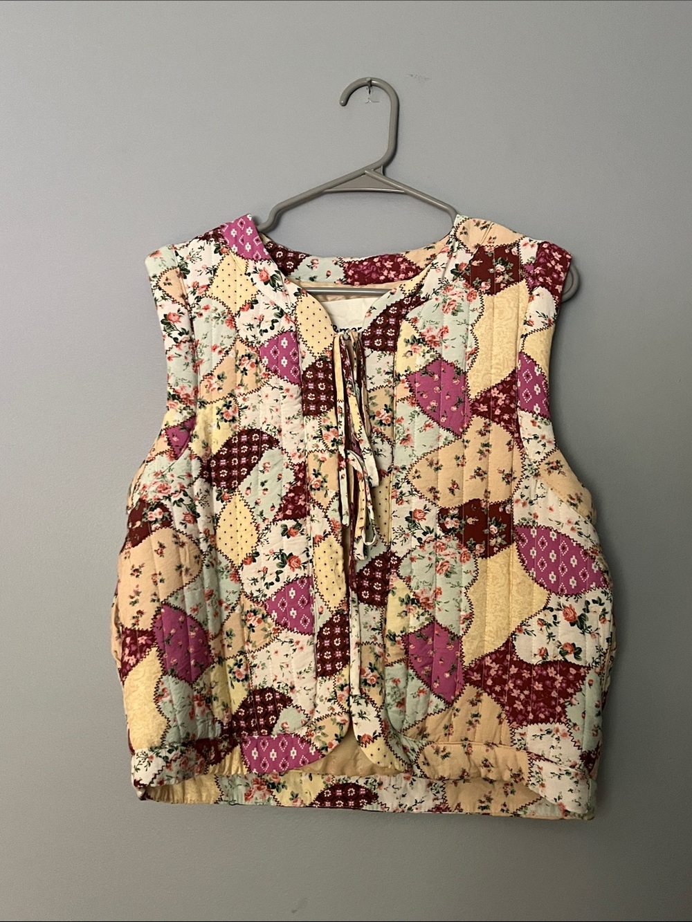 Patchwork Quilted Tie-Front Vest - Pink Multi